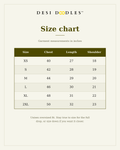 Desi Doodles oversized tee size chart in inches