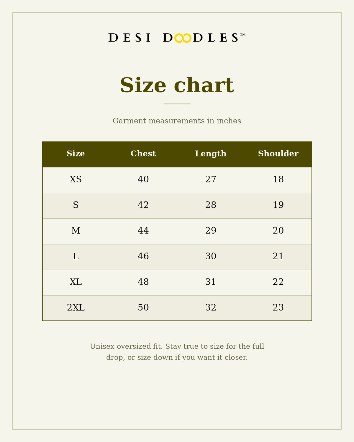 Desi Doodles oversized tee size chart in inches