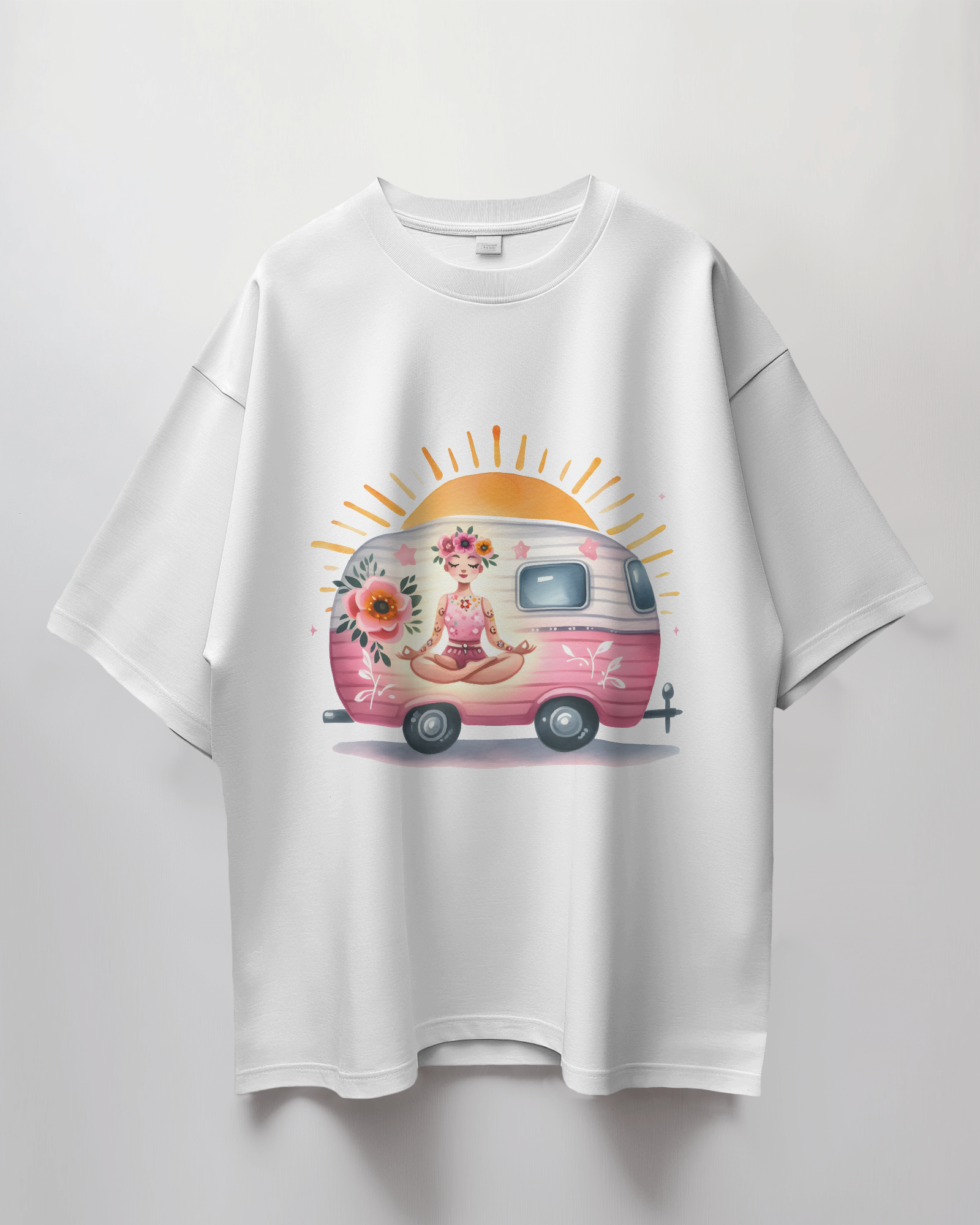 Meditating Van Graphic Printed Oversized T-Shirt